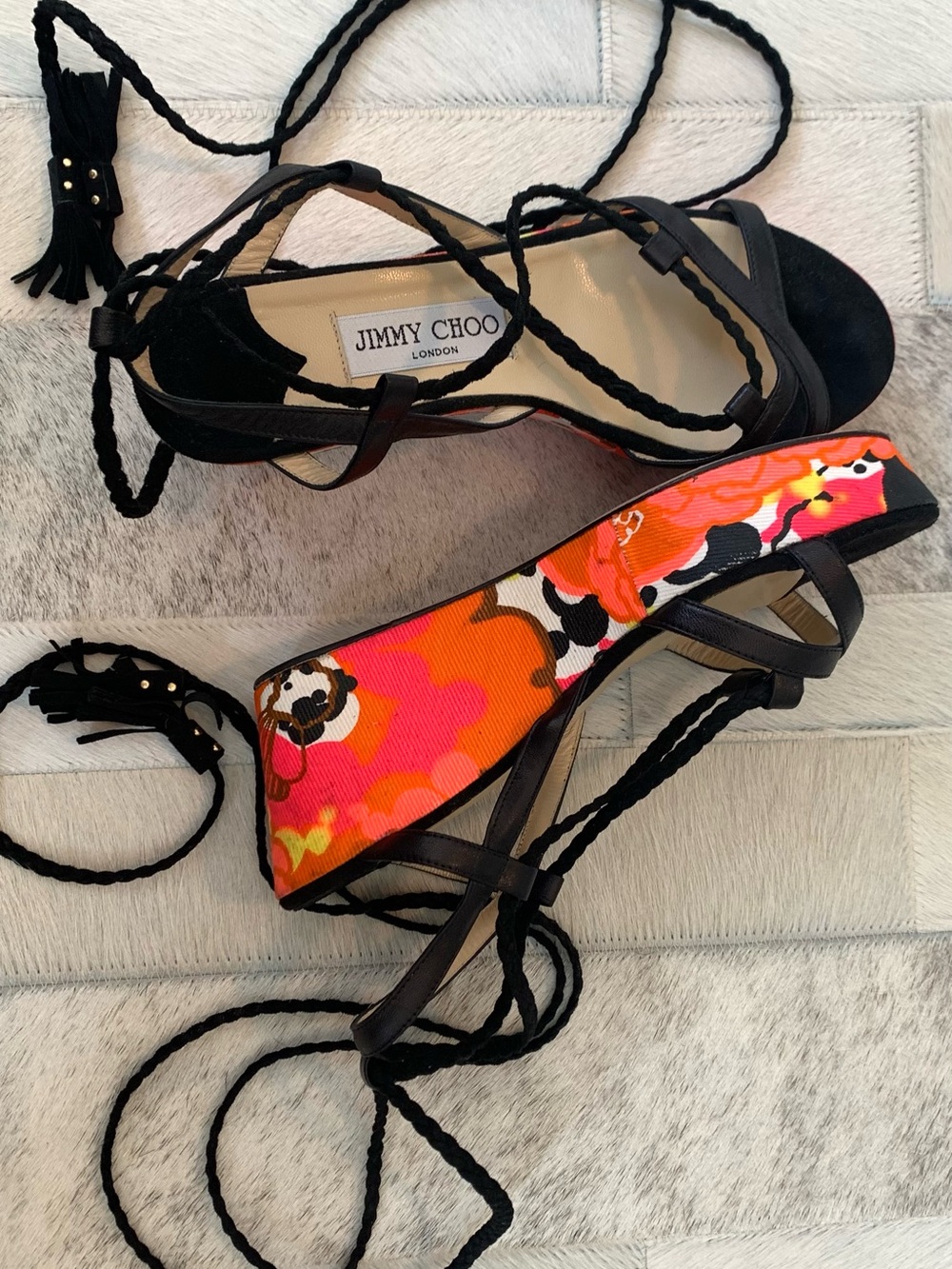 Jimmy Choo Black Lace-Up Platform Sandals with Bright Floral Wedge